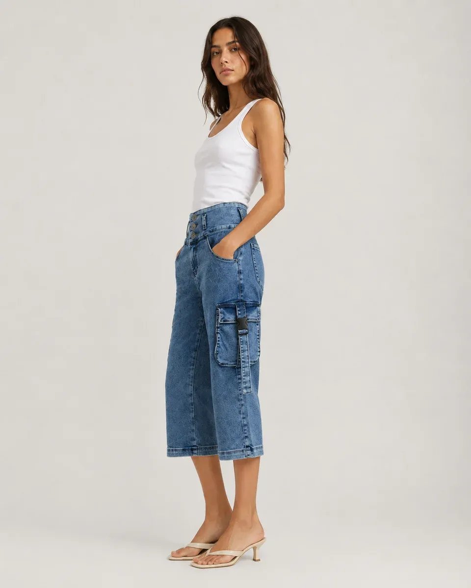 Pantalon Capri Cargo de Mezclilla Azul para Mujer Estilo Casual - Image 7
