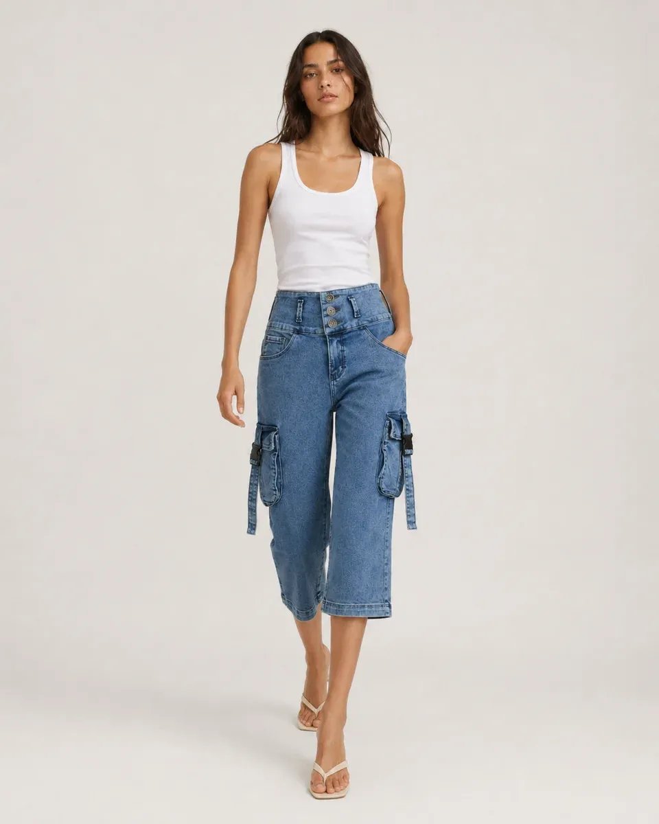 Pantalon Capri Cargo de Mezclilla Azul para Mujer Estilo Casual - Image 8