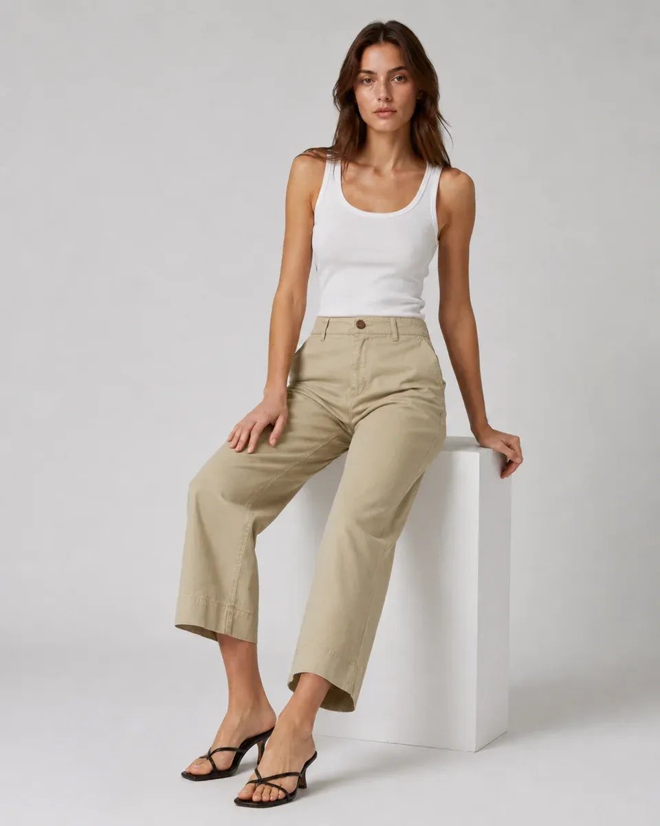 Pantalon Capri Amplio de Algodon Beige para Mujer Estilo Casual - Image 4