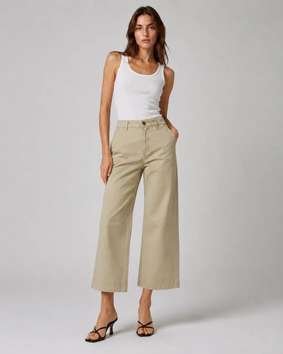 Pantalon Capri Amplio de Algodon Beige para Mujer Estilo Casual - Image 2
