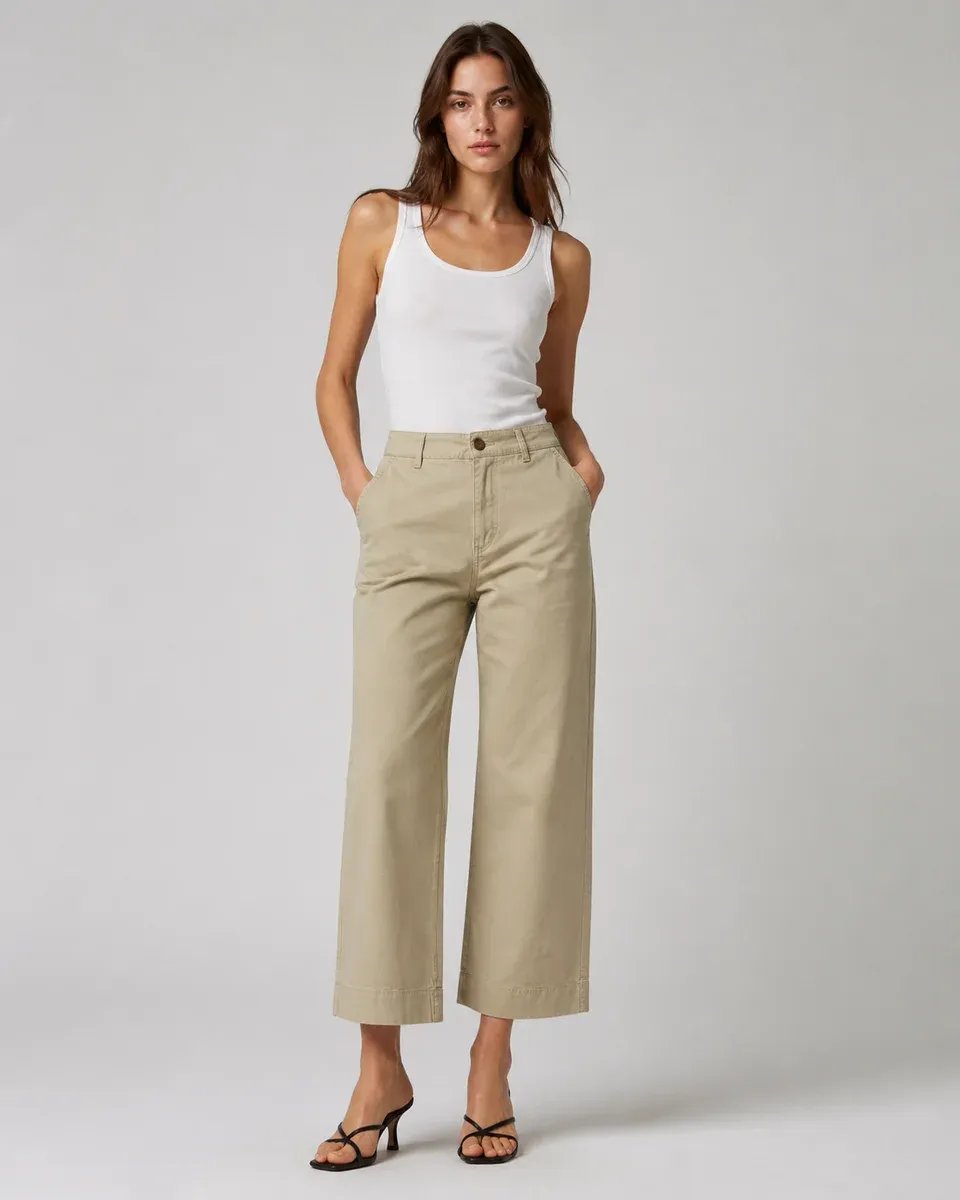 Pantalon Capri Amplio de Algodon Beige para Mujer Estilo Casual - Image 5