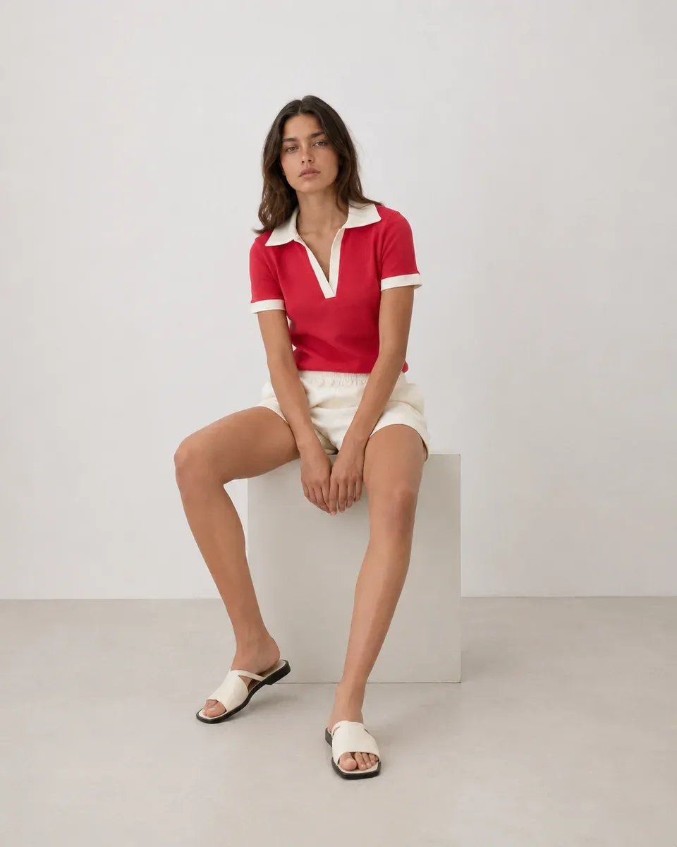 Playera Polo Roja Con Cuello Blanco Estilo Retro Para Mujer - Image 2