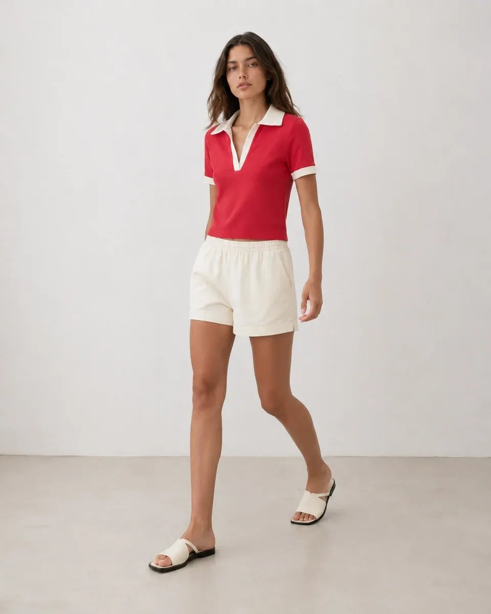 Playera Polo Roja Con Cuello Blanco Estilo Retro Para Mujer - Image 4
