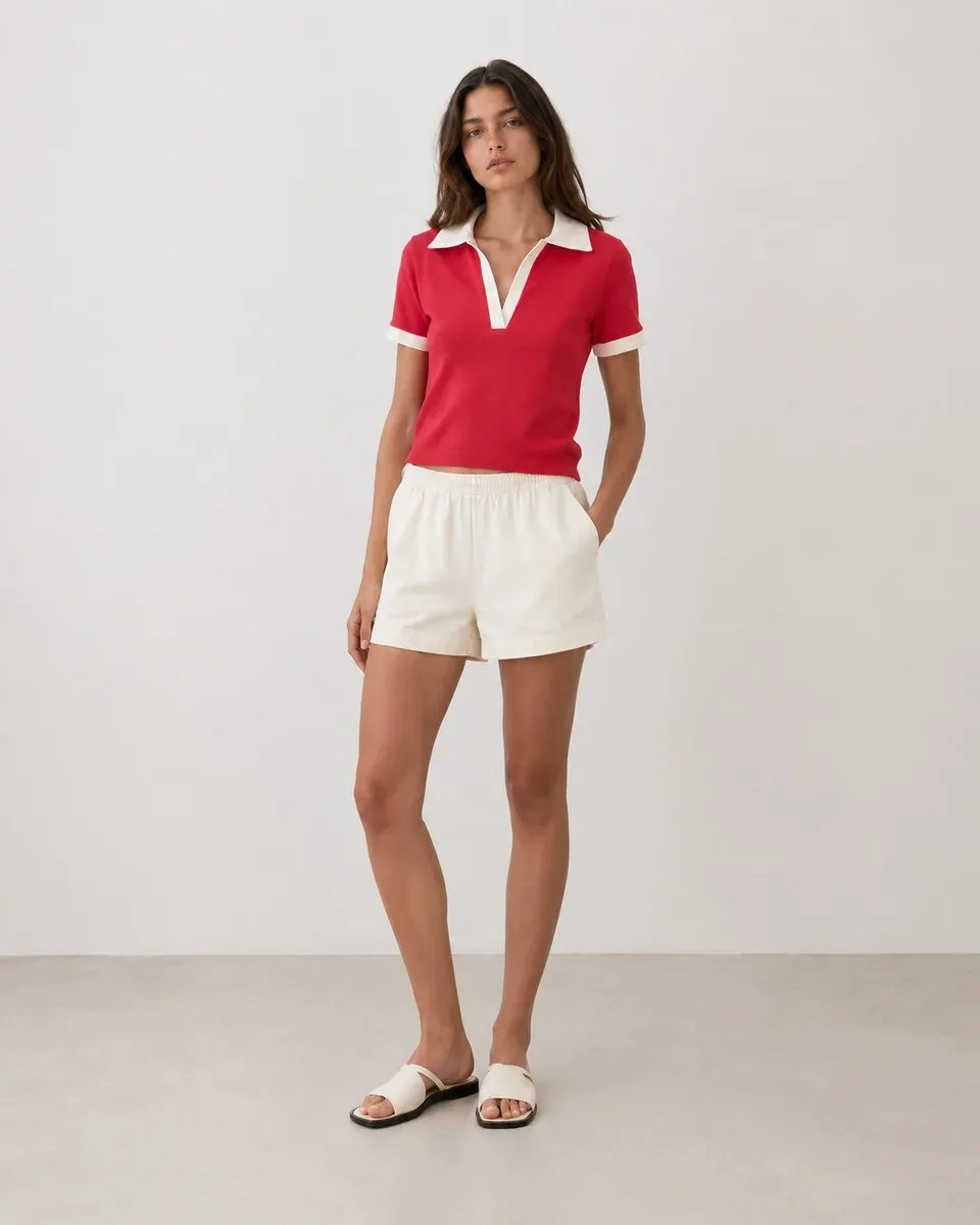 Playera Polo Roja Con Cuello Blanco Estilo Retro Para Mujer - Image 5