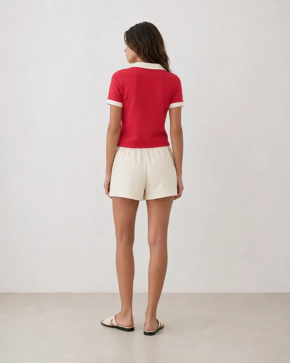 Playera Polo Roja Con Cuello Blanco Estilo Retro Para Mujer - Image 7