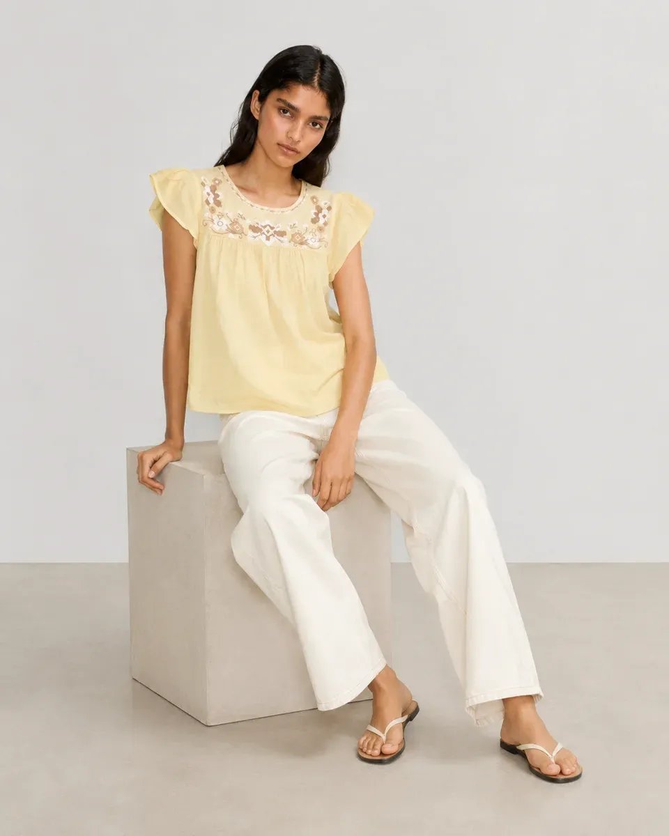 Blusa Bordada Amarilla Manga Corta Estilo Mexicano para Mujer - Image 2
