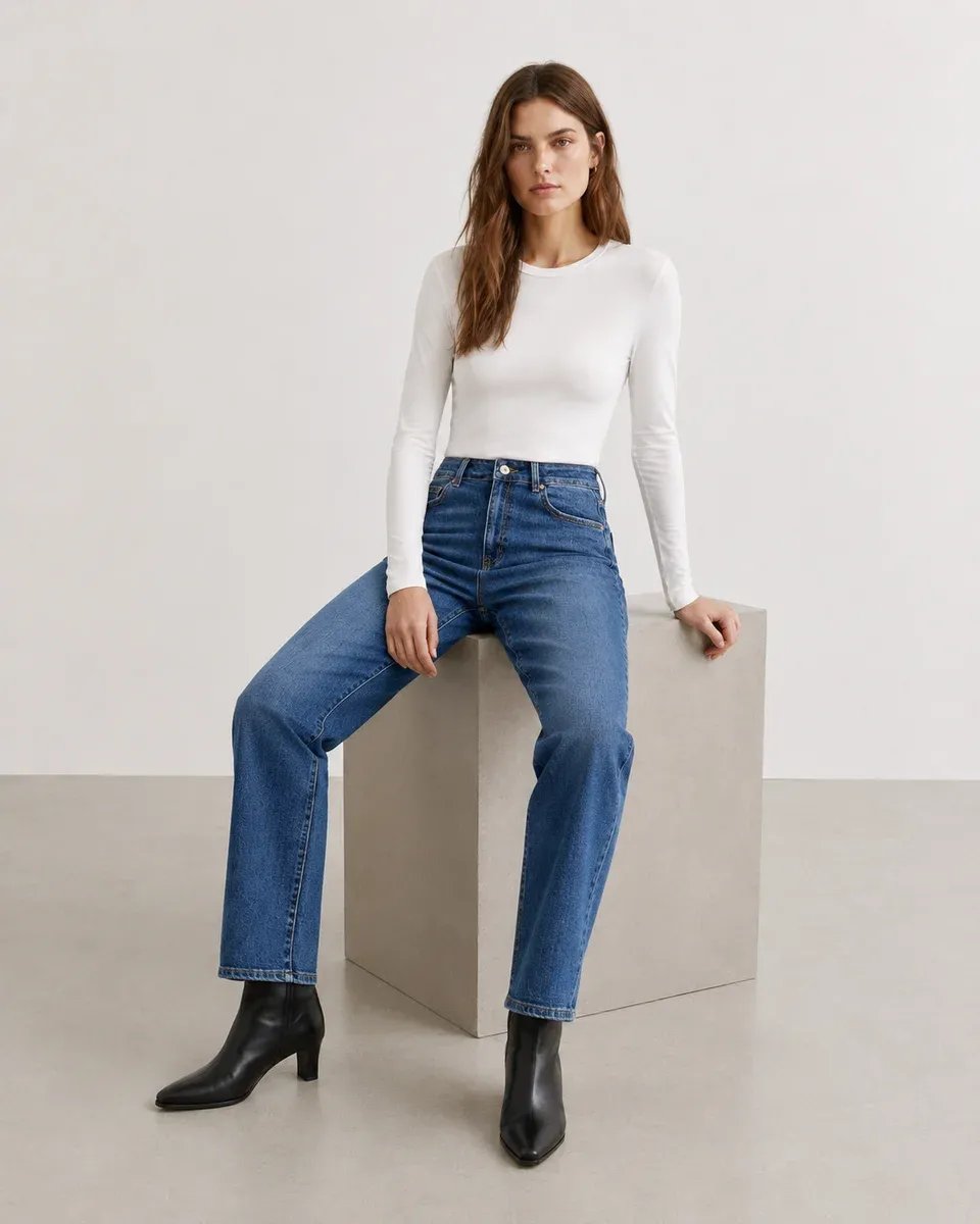 Jeans Straight Fit Tiro Alto Azul Medio Para Mujer - Image 7