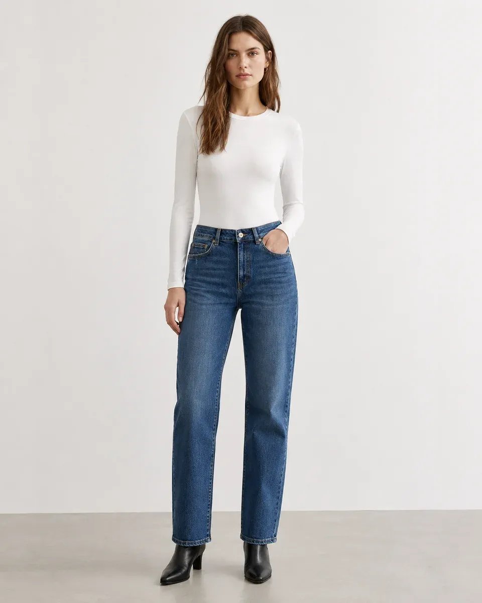 Jeans Straight Fit Tiro Alto Azul Medio Para Mujer - Image 4