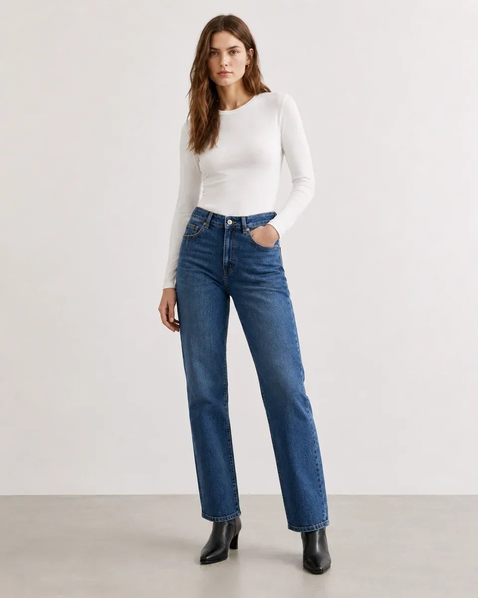 Jeans Straight Fit Tiro Alto Azul Medio Para Mujer - Image 2