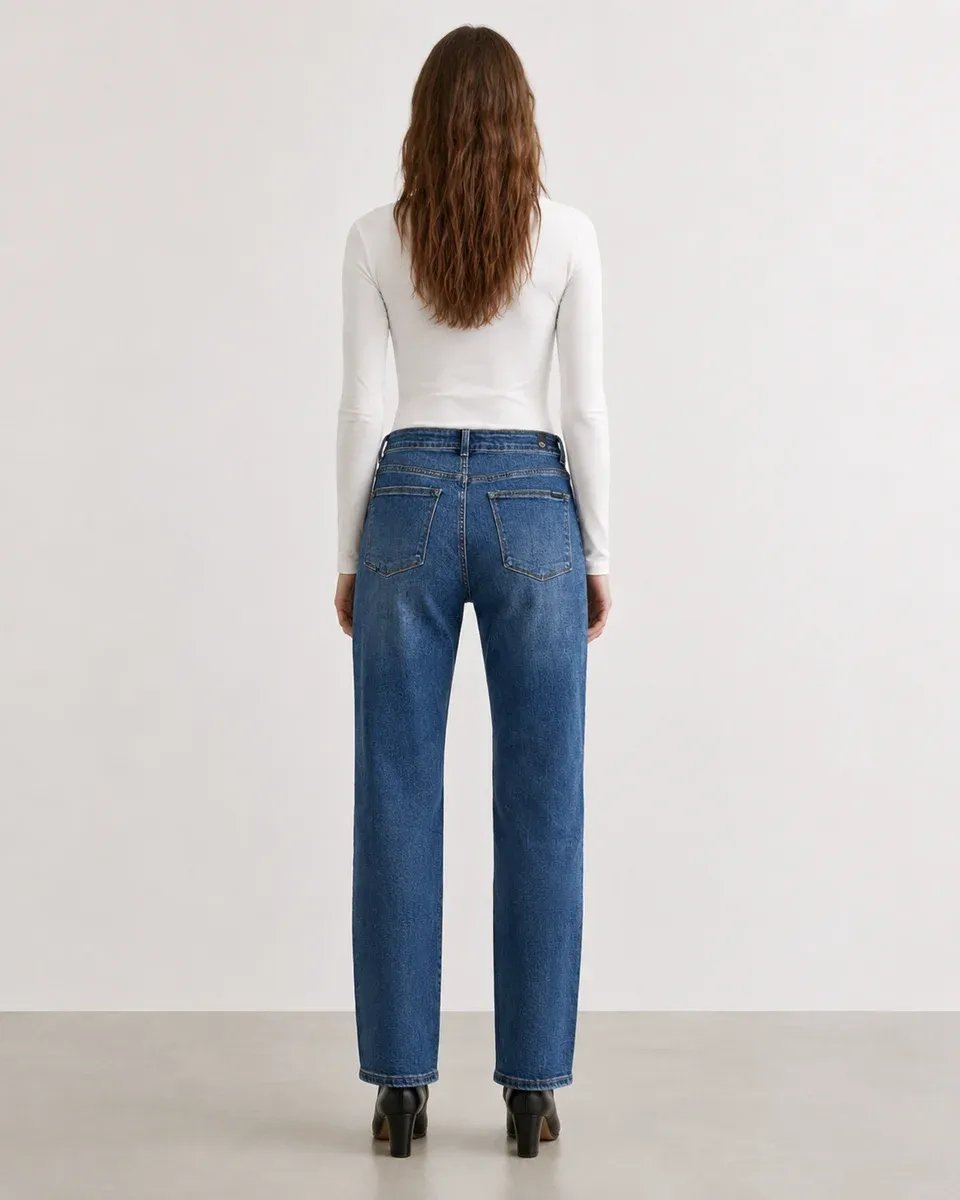Jeans Straight Fit Tiro Alto Azul Medio Para Mujer - Image 5