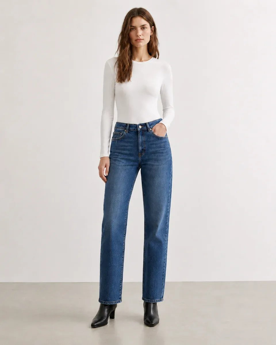 Jeans Straight Fit Tiro Alto Azul Medio Para Mujer - Image 6