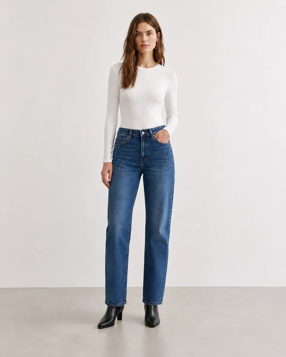 Jeans Straight Fit Tiro Alto Azul Medio Para Mujer - Image 3