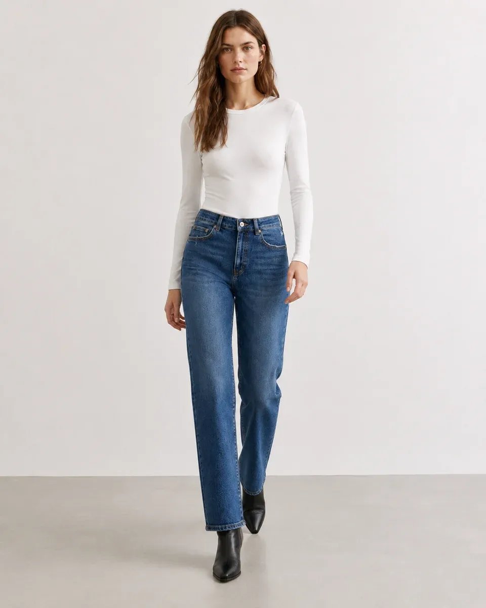Jeans Straight Fit Tiro Alto Azul Medio Para Mujer - Image 8