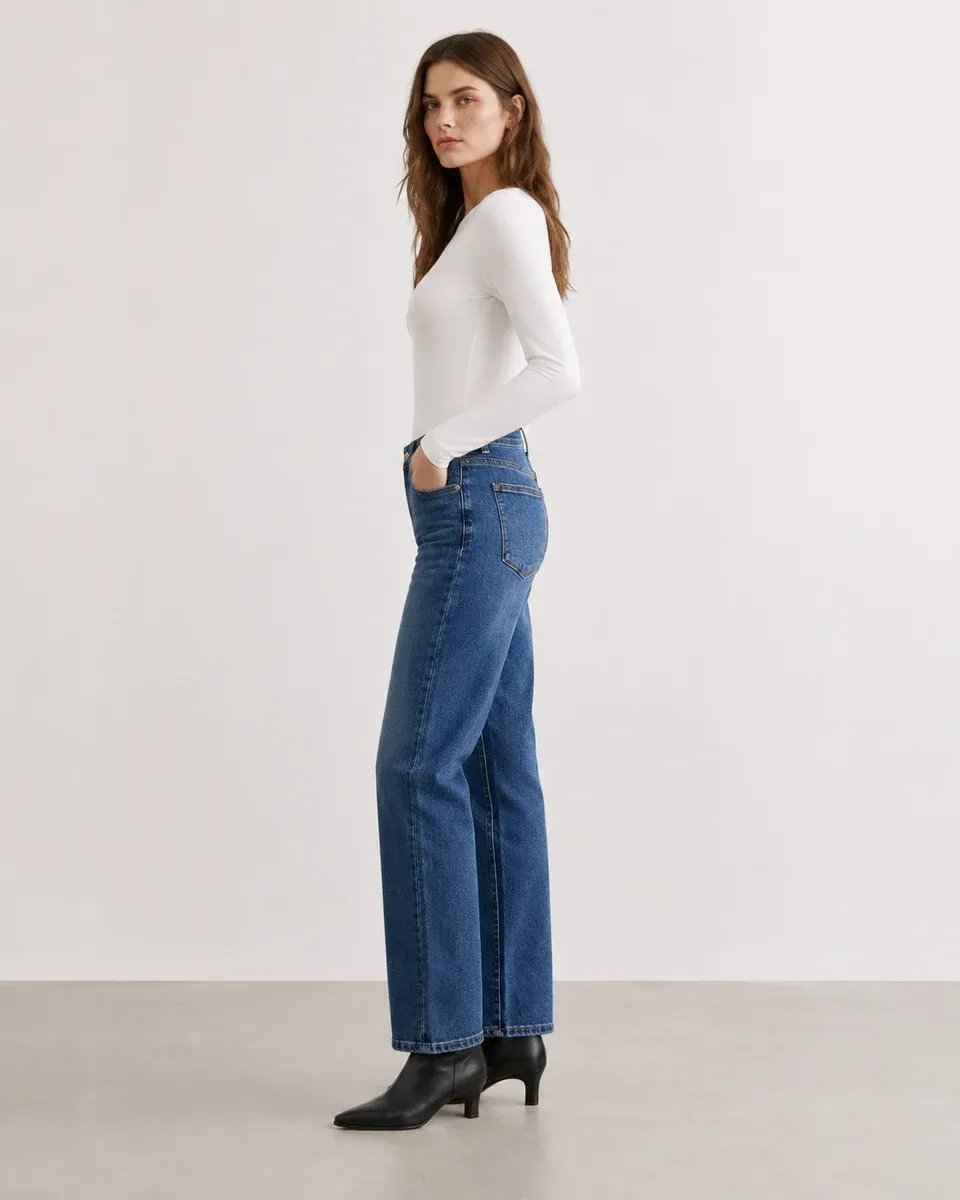 Jeans Straight Fit Tiro Alto Azul Medio Para Mujer - Image 9