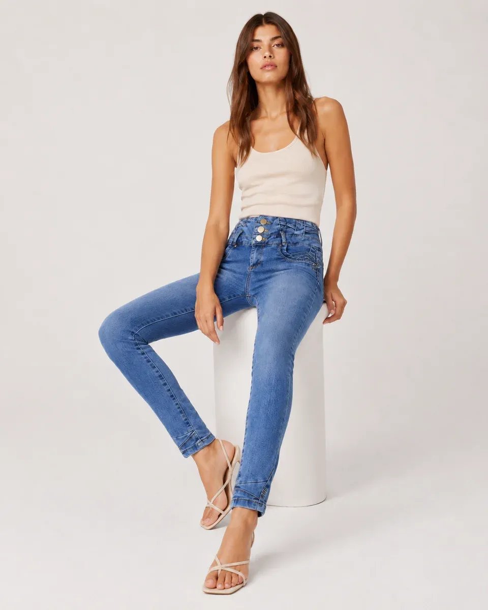 Pantalón Jean Colombiano Tiro Alto Con Botones Para Mujer - Image 2