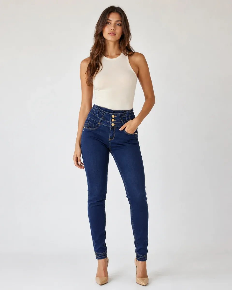 Pantalón Jean Colombiano Tiro Alto Con Botones Para Mujer - Image 9