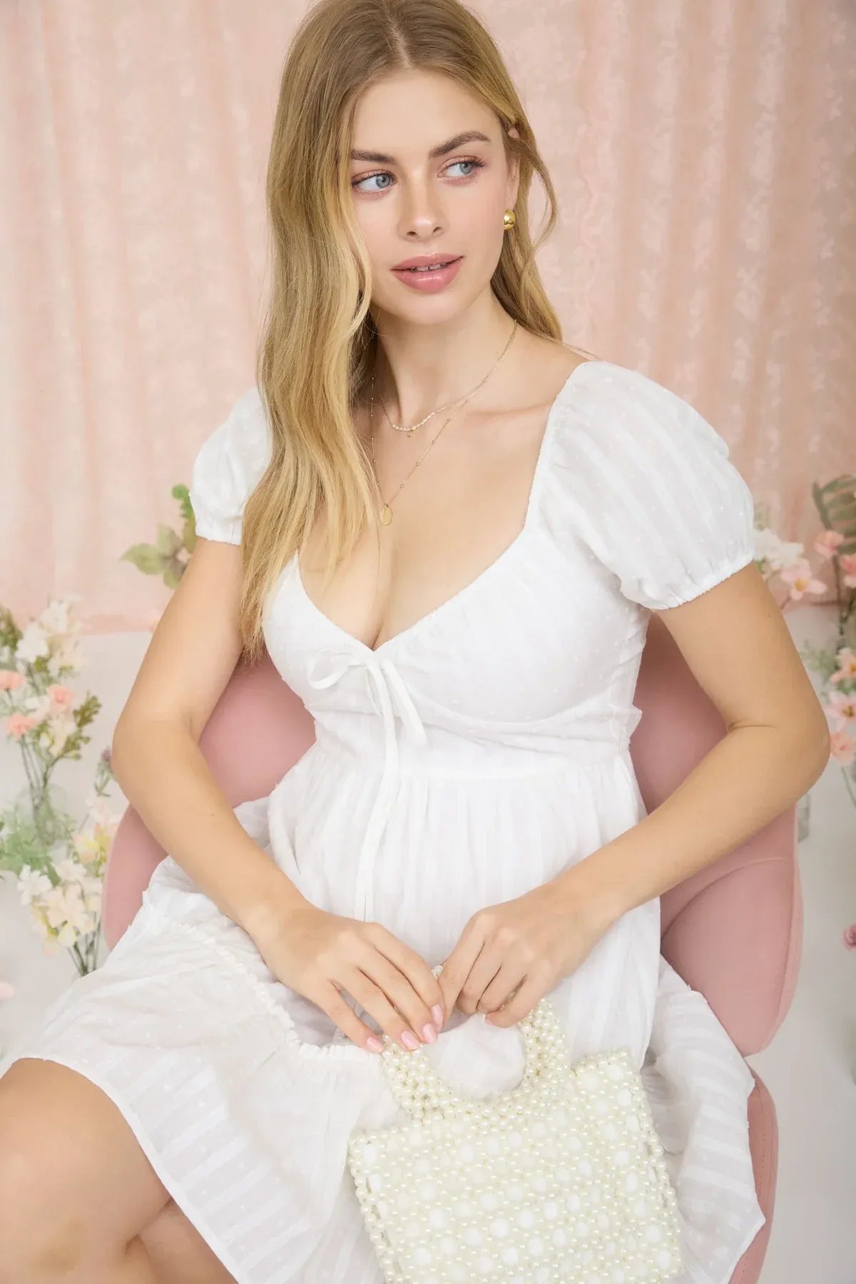 Vestido Blanco Corto Con Mangas Abullonadas Y Escote Corazon Para Mujer - Image 2