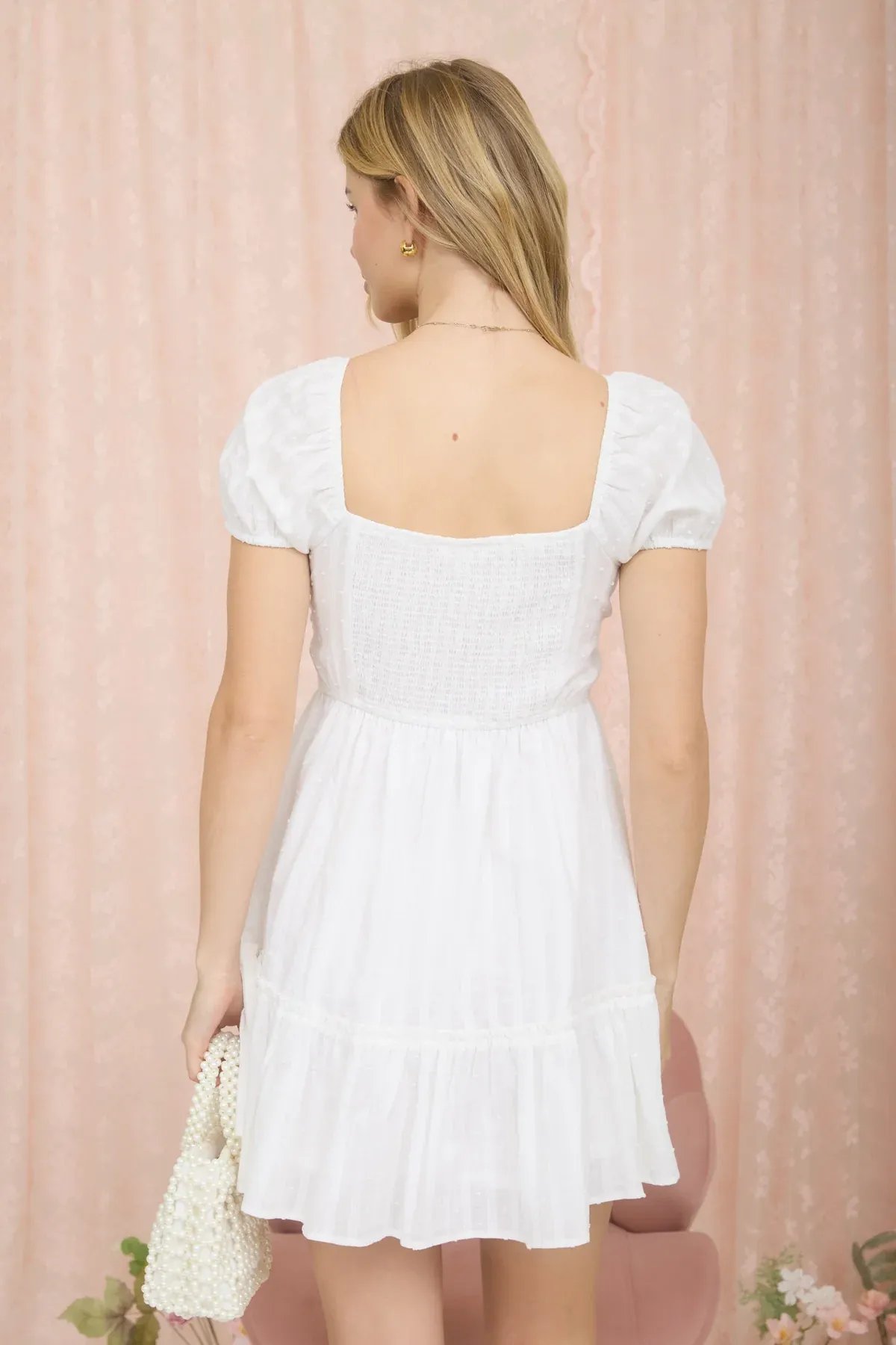 Vestido Blanco Corto Con Mangas Abullonadas Y Escote Corazon Para Mujer - Image 6