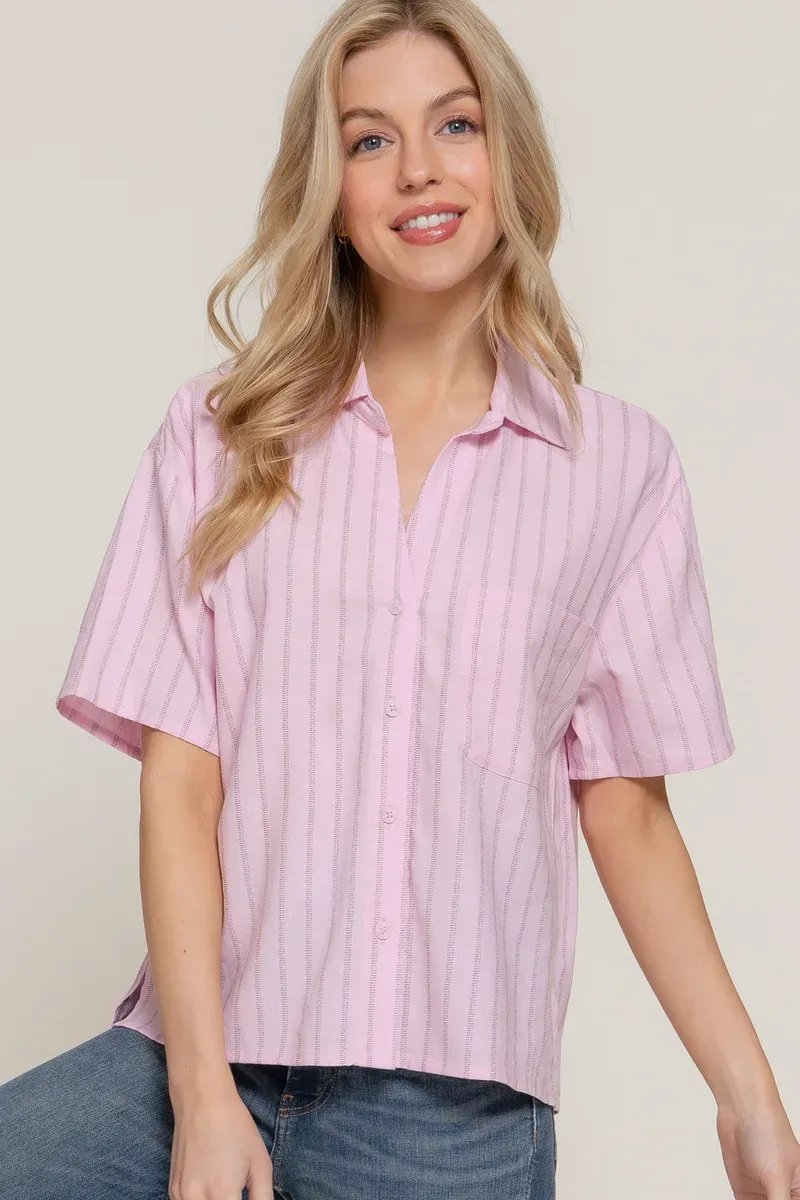Camisa Rayada Manga Corta Azul Celeste Para Mujer Estilo Casual - Image 3