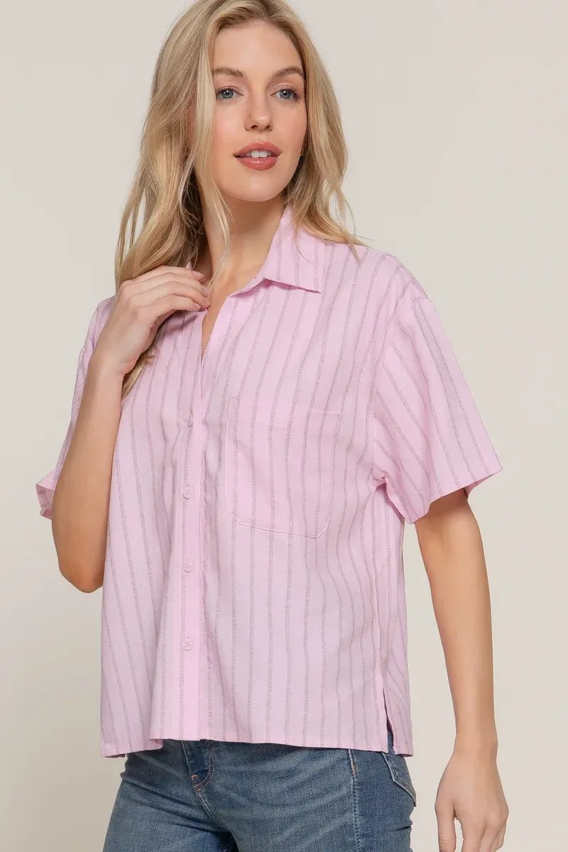 Camisa Rayada Manga Corta Azul Celeste Para Mujer Estilo Casual - Image 2