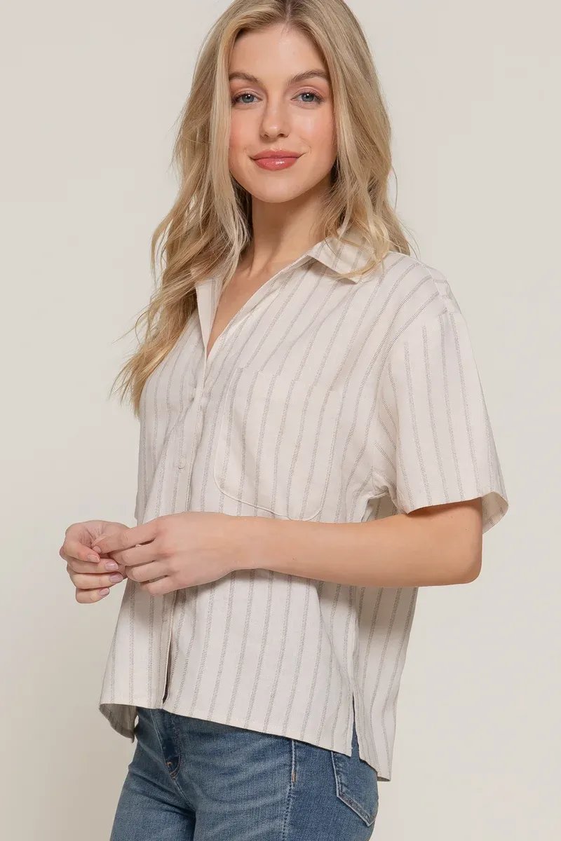 Camisa Rayada Manga Corta Azul Celeste Para Mujer Estilo Casual - Image 11