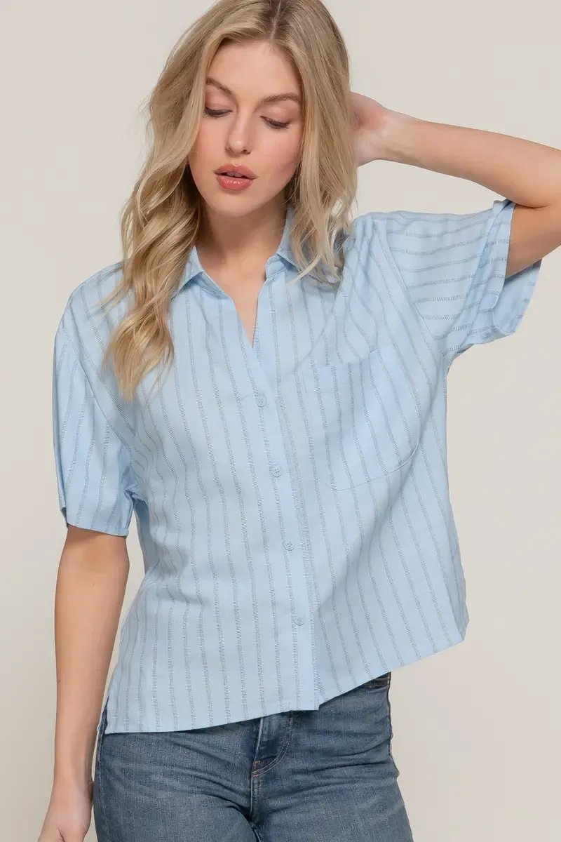Camisa Rayada Manga Corta Azul Celeste Para Mujer Estilo Casual - Image 7