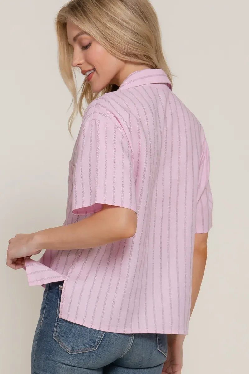 Camisa Rayada Manga Corta Azul Celeste Para Mujer Estilo Casual - Image 4