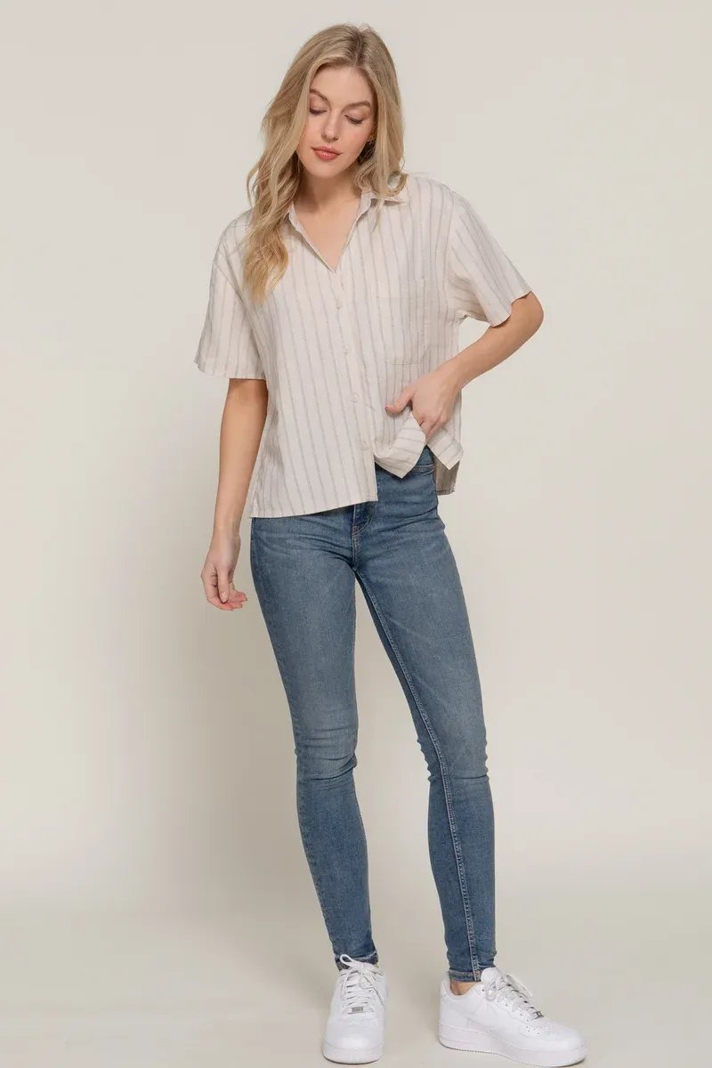 Camisa Rayada Manga Corta Azul Celeste Para Mujer Estilo Casual - Image 13