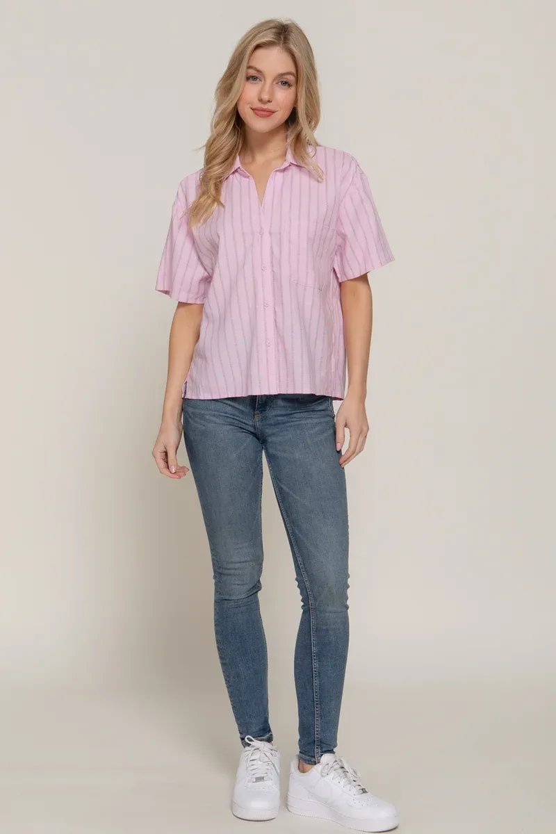 Camisa Rayada Manga Corta Azul Celeste Para Mujer Estilo Casual - Image 5