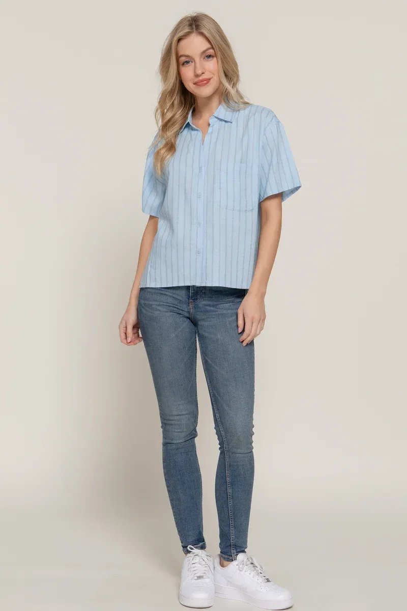 Camisa Rayada Manga Corta Azul Celeste Para Mujer Estilo Casual - Image 9
