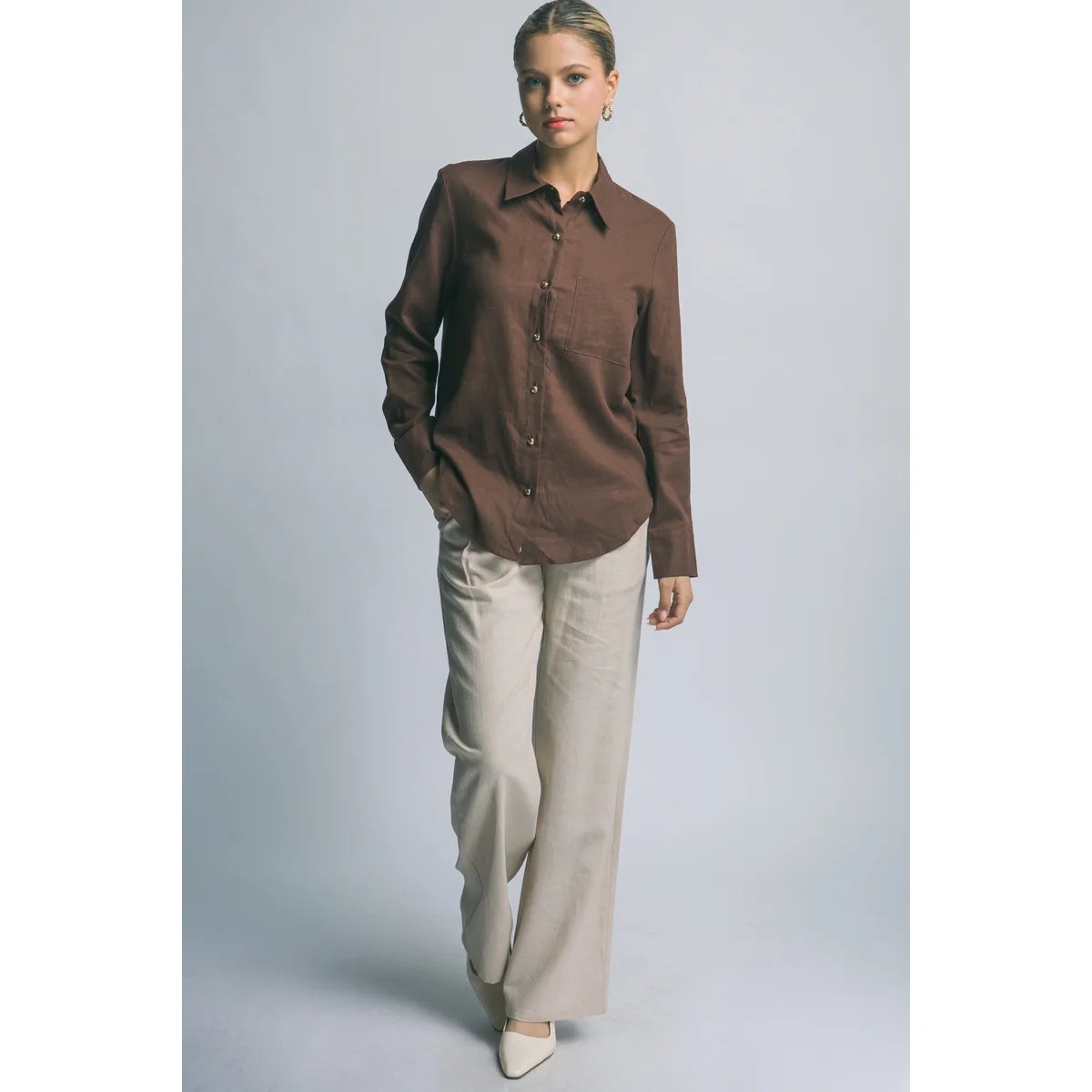 Camisa Lino Azul Cielo Oversize Manga Larga para Mujer - Image 27