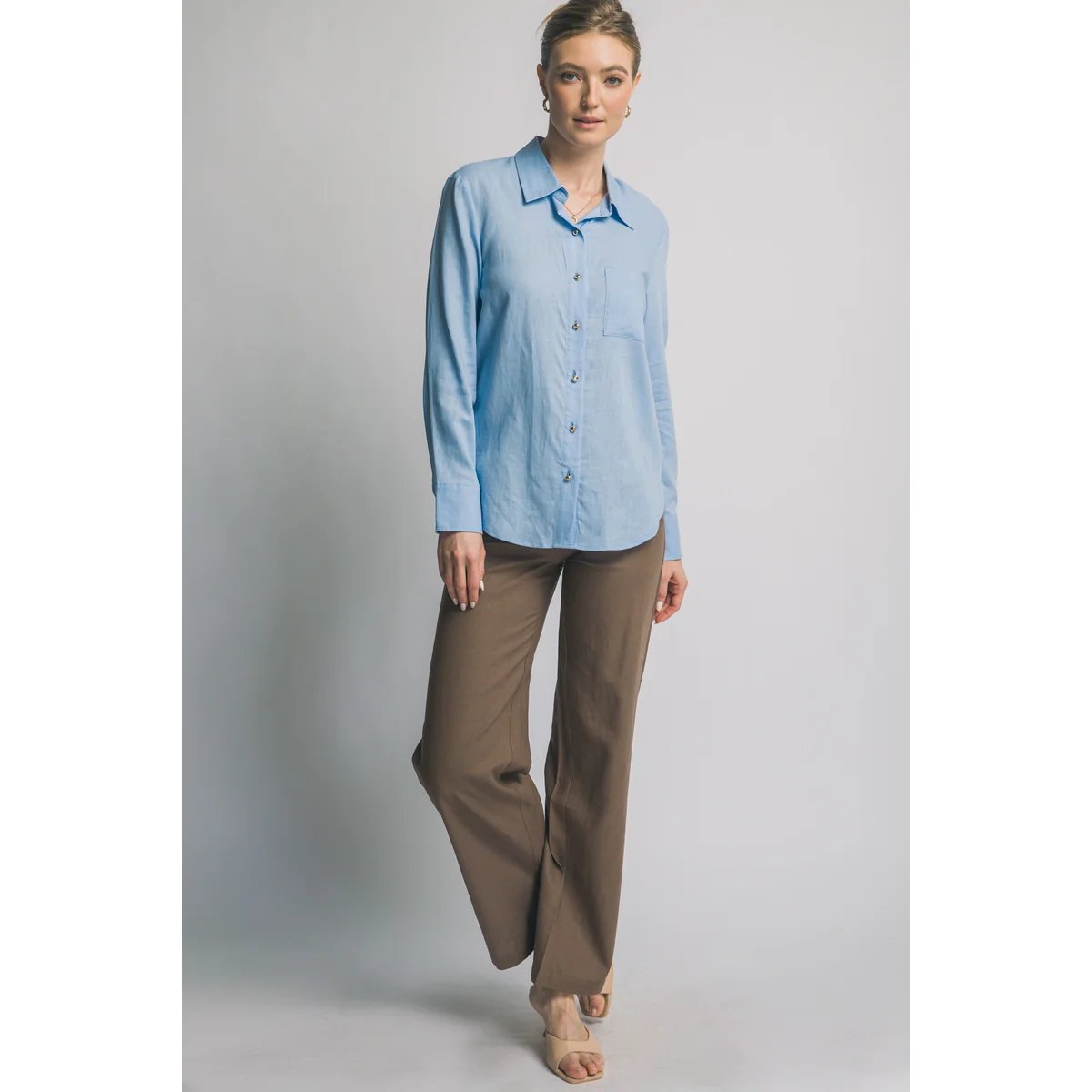 Camisa Lino Azul Cielo Oversize Manga Larga para Mujer - Image 44