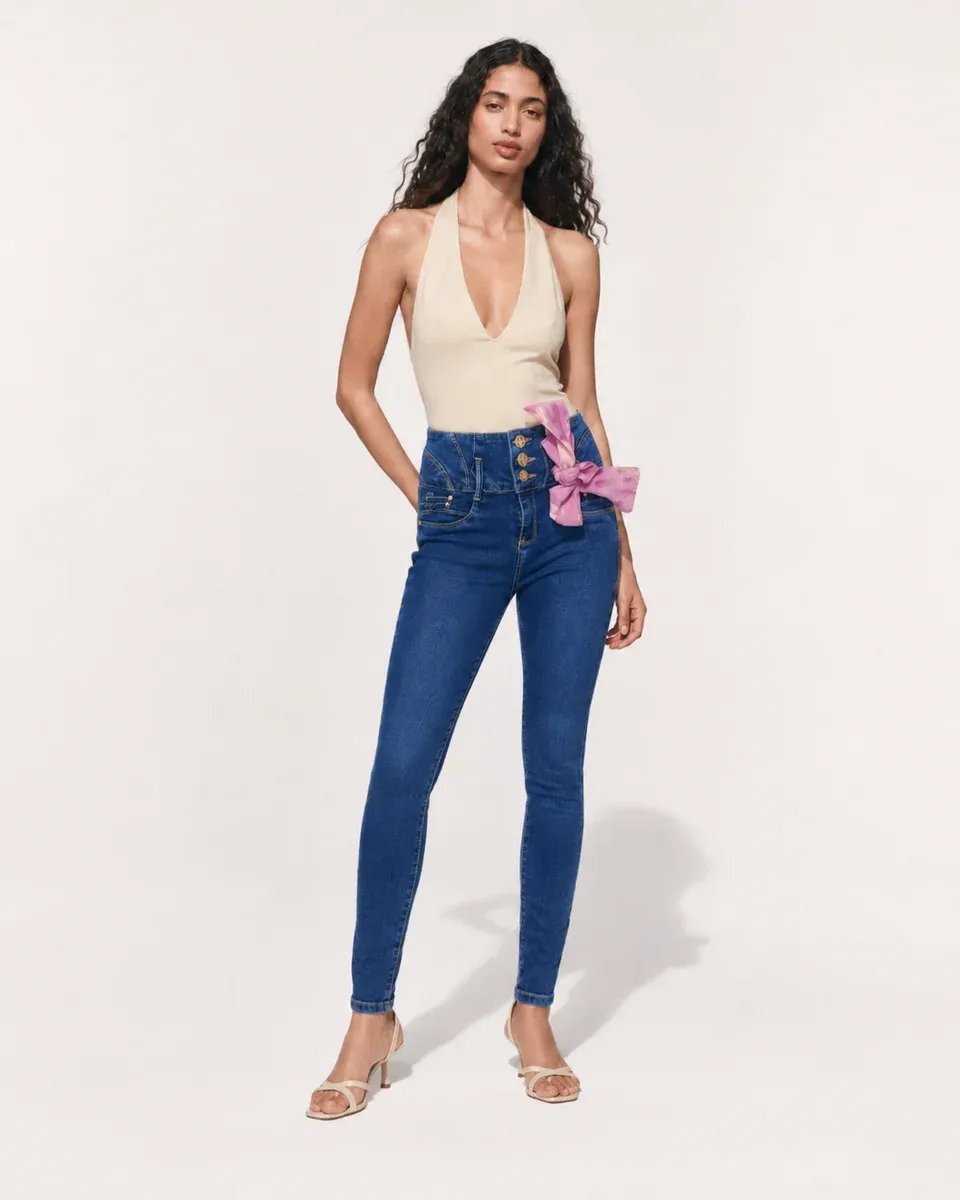 Pantalon Jean Tiro Alto Colombiano Con Lazo Decorativo Para Mujer - Image 4
