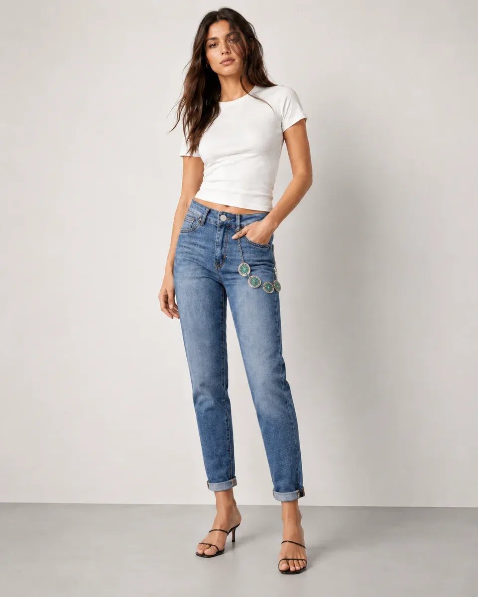 Jeans Mom Fit Tiro Alto Con Bordados Florales Para Mujer - Image 4