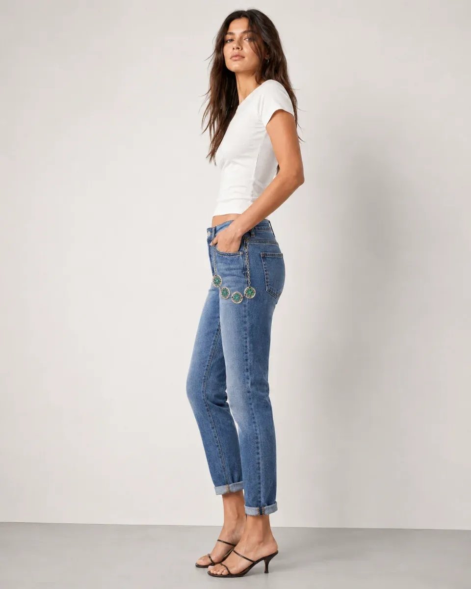 Jeans Mom Fit Tiro Alto Con Bordados Florales Para Mujer - Image 8
