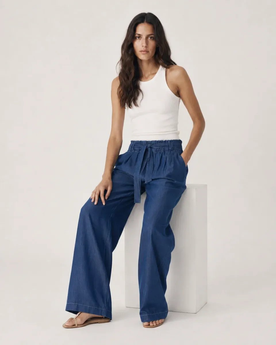 Pantalon Wide Leg de Mezclilla Azul con Cinturon para Mujer - Image 5