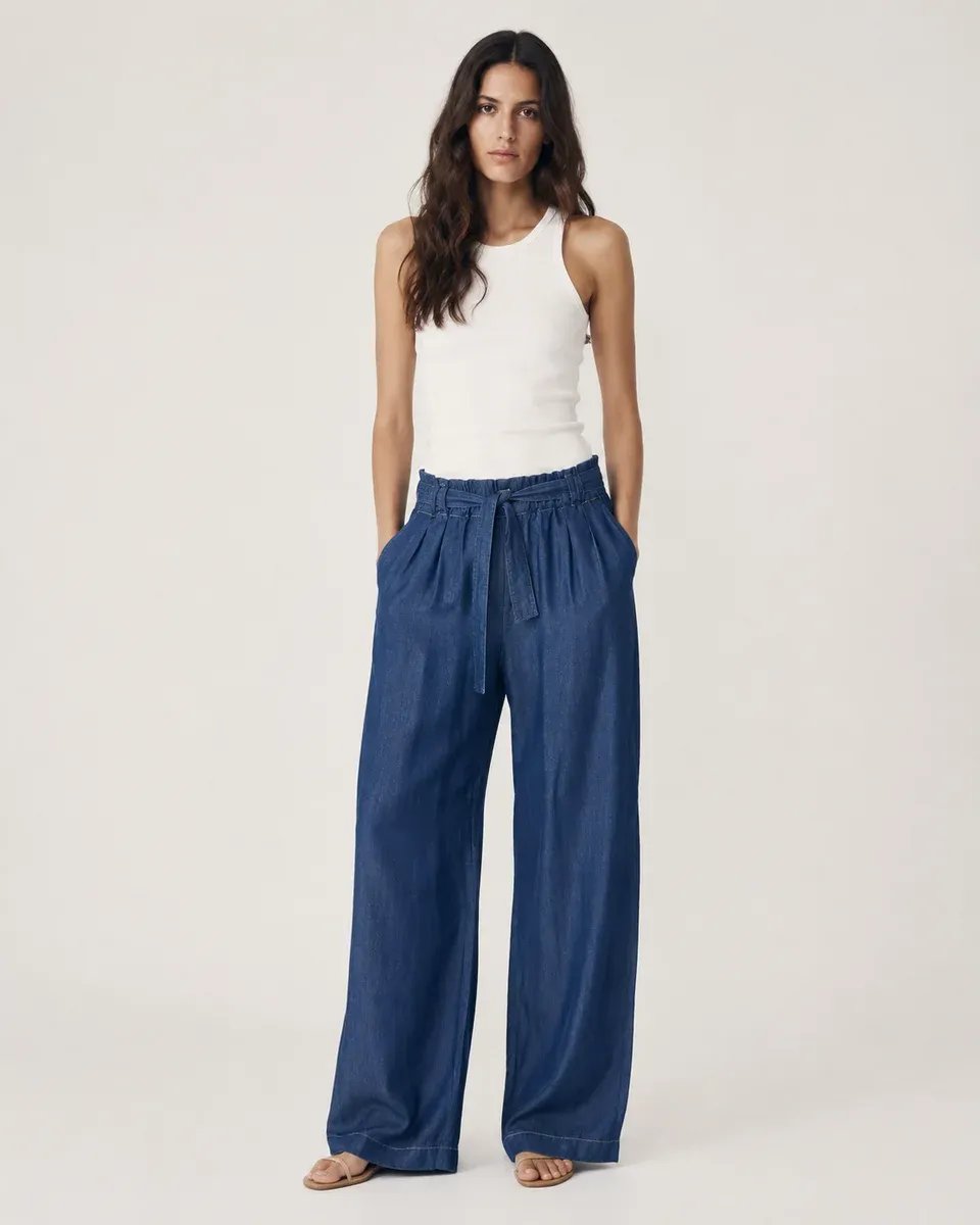Pantalon Wide Leg de Mezclilla Azul con Cinturon para Mujer - Image 2