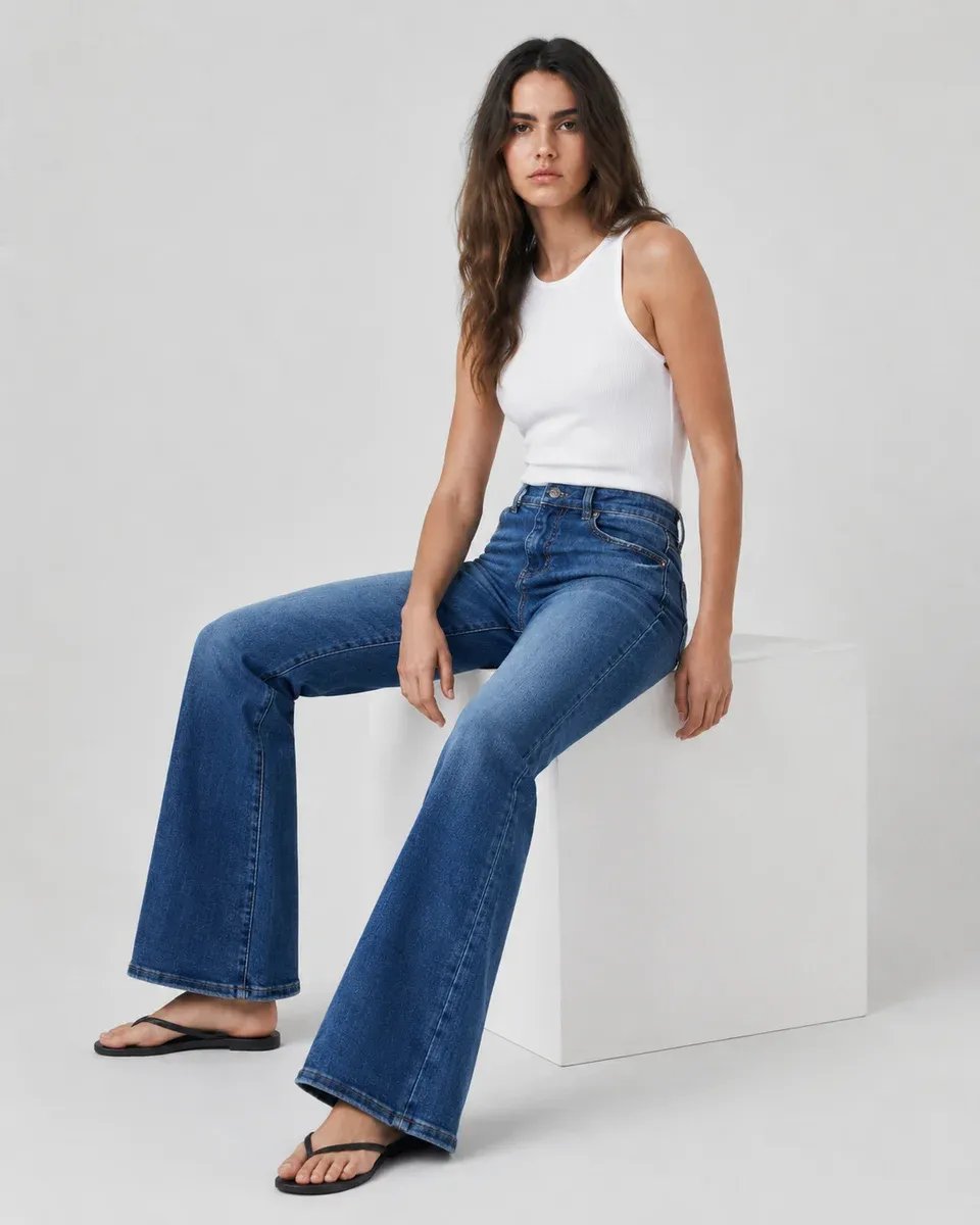 Pantalon Acampanado de Mezclilla Azul Tiro Alto para Mujer - Image 6