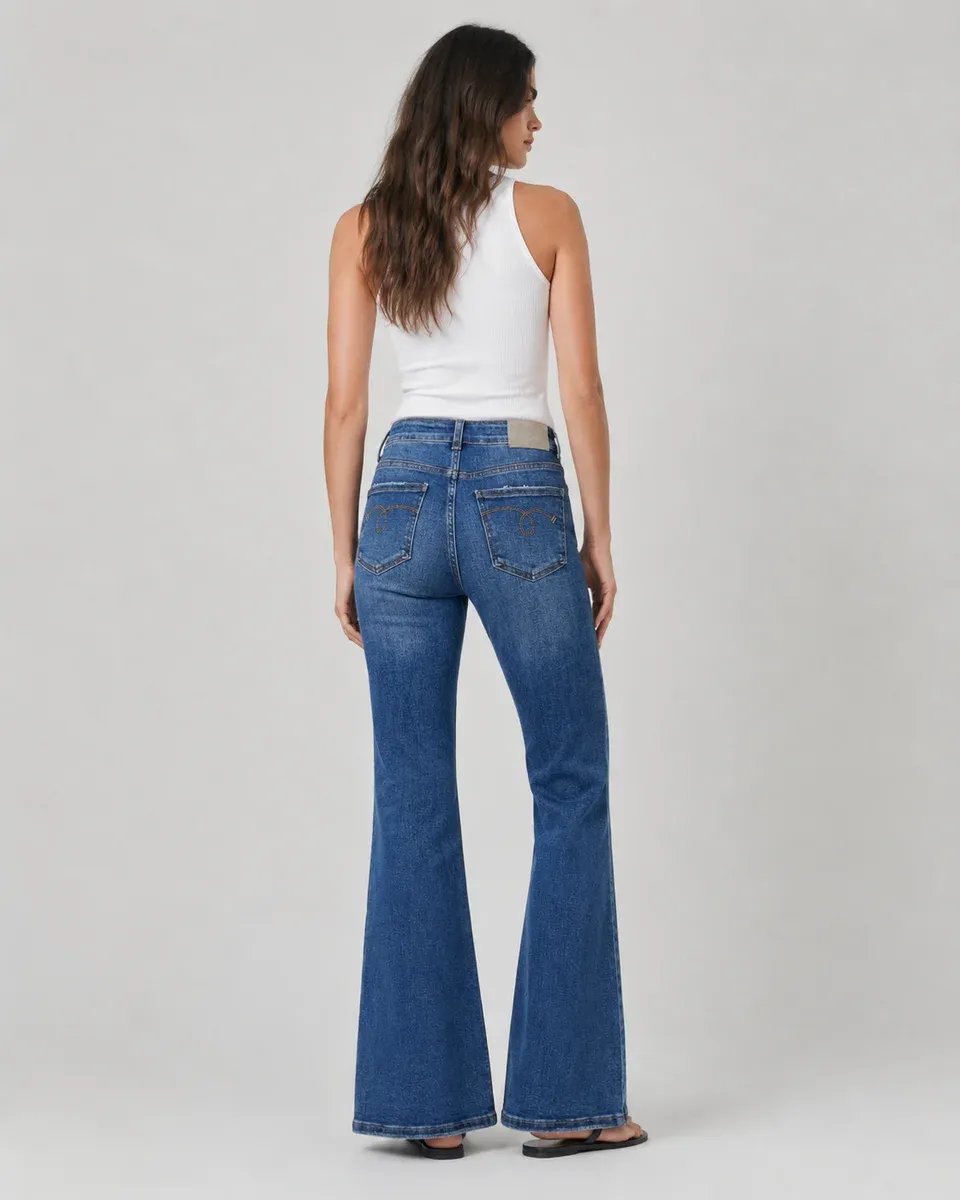 Pantalon Acampanado de Mezclilla Azul Tiro Alto para Mujer - Image 3