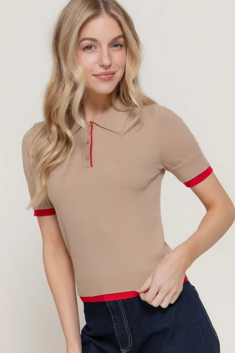 Blusa Polo de Punto con Ribetes en Contraste Rojo para Mujer - Image 2