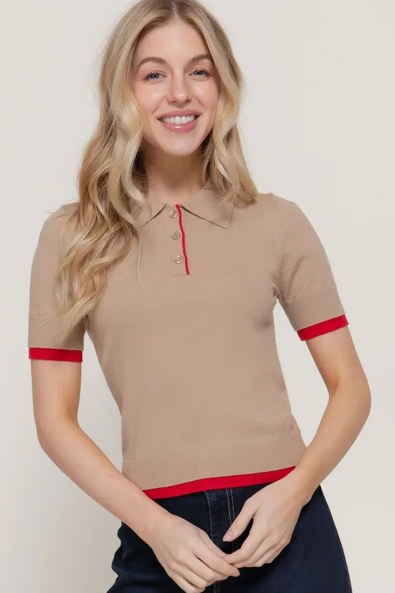 Blusa Polo de Punto con Ribetes en Contraste Rojo para Mujer - Image 3