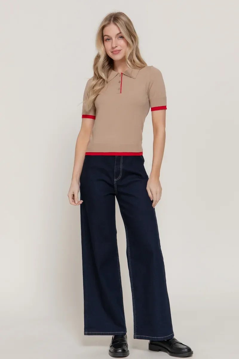 Blusa Polo de Punto con Ribetes en Contraste Rojo para Mujer - Image 4