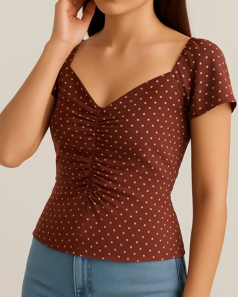 Blusa Manga Corta con Fruncido Central y Estampado de Lunares para Mujer - Image 2