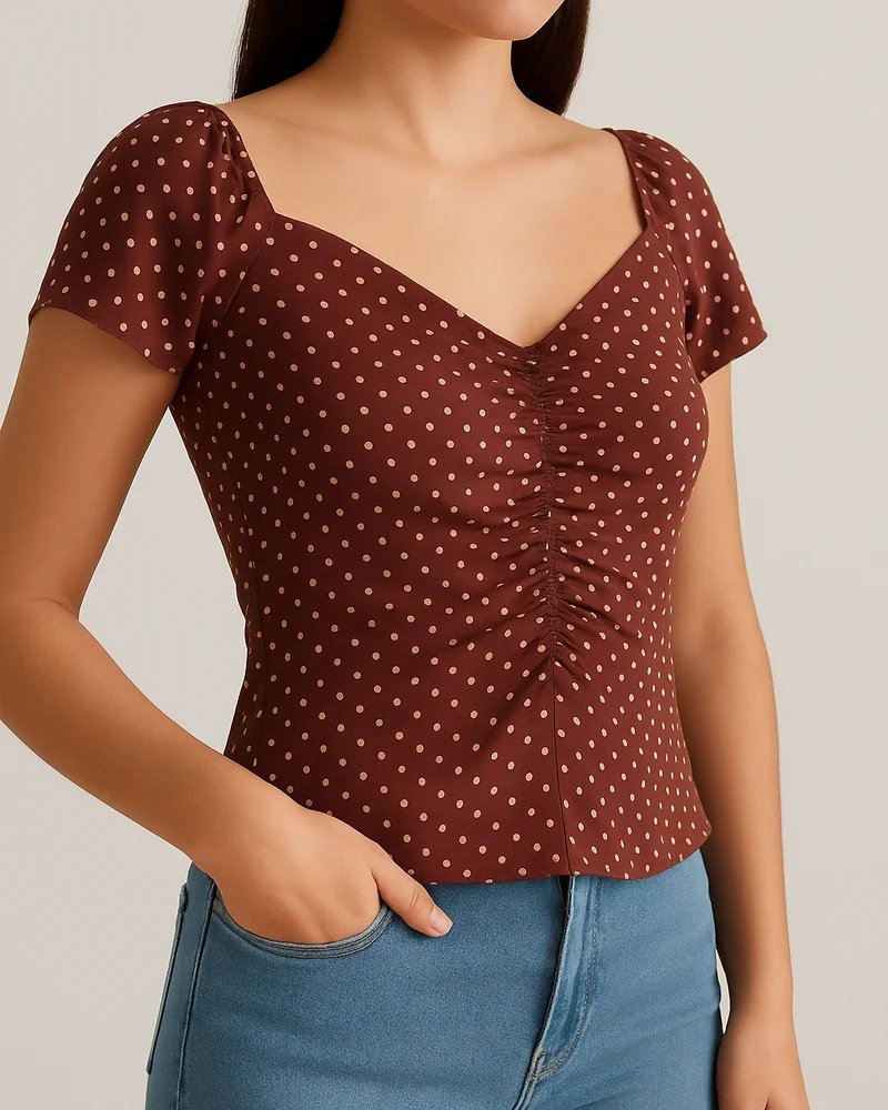 Blusa Manga Corta con Fruncido Central y Estampado de Lunares para Mujer - Image 3