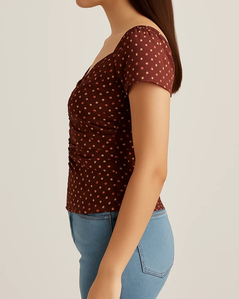 Blusa Manga Corta con Fruncido Central y Estampado de Lunares para Mujer - Image 5