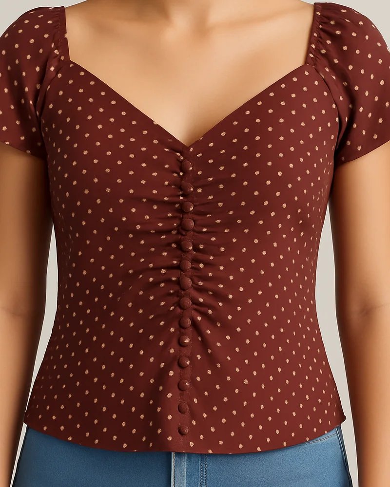 Blusa Manga Corta con Fruncido Central y Estampado de Lunares para Mujer - Image 6