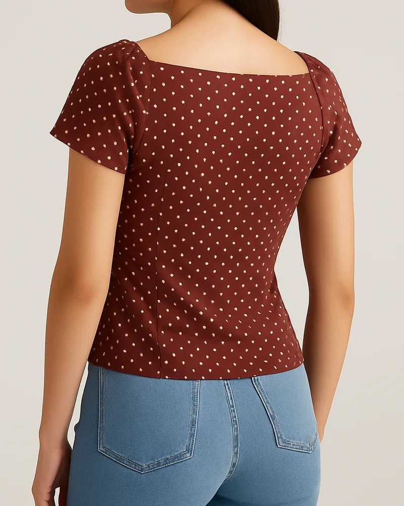 Blusa Manga Corta con Fruncido Central y Estampado de Lunares para Mujer - Image 7