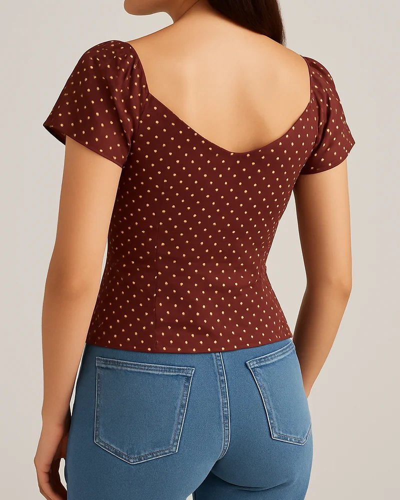 Blusa Manga Corta con Fruncido Central y Estampado de Lunares para Mujer - Image 8