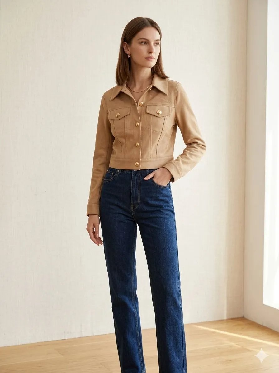 Chaqueta de Ante Camel Estilo Western para Mujer - Image 3