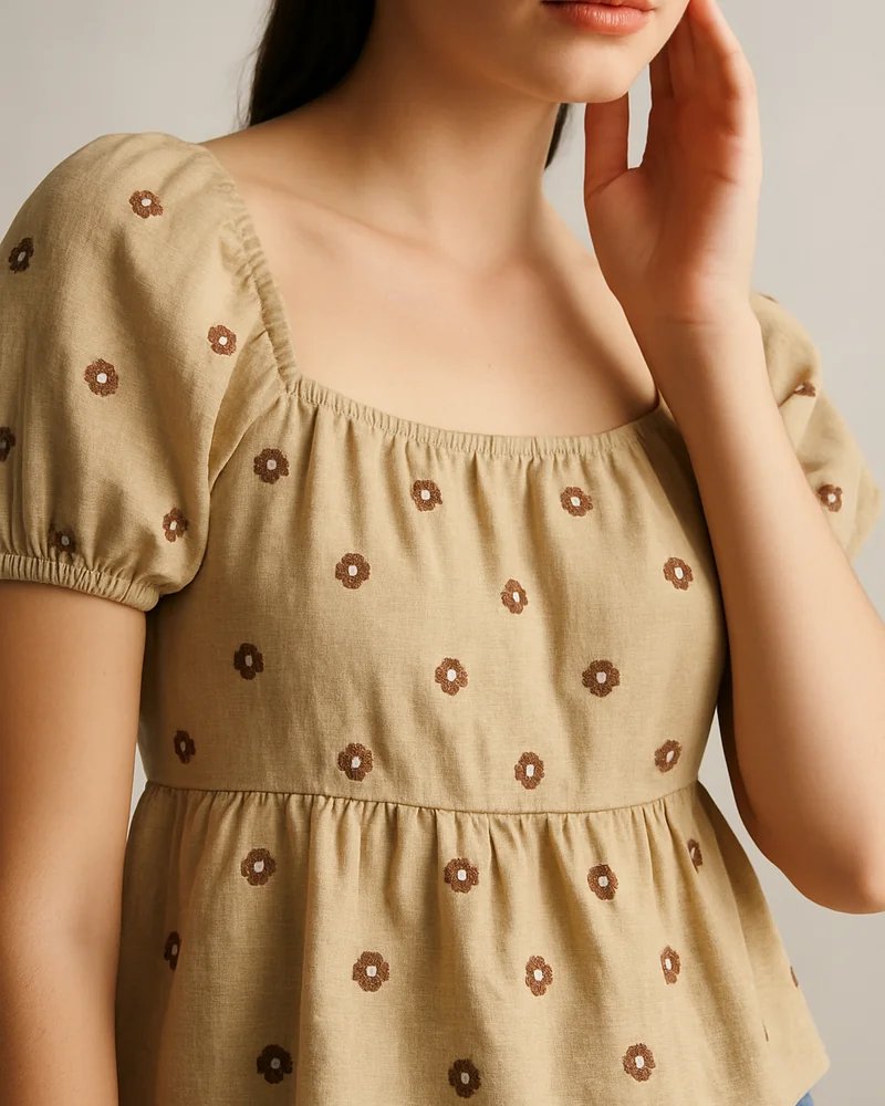 Blusa Margaritas Bordadas Escote Cuadrado con Manga Globo para Mujer - Image 2